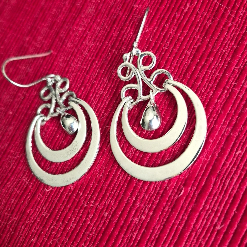 Vintage Mexico 925 Elegant Sterling Silver Dangle Earrings - Picture 4 of 6